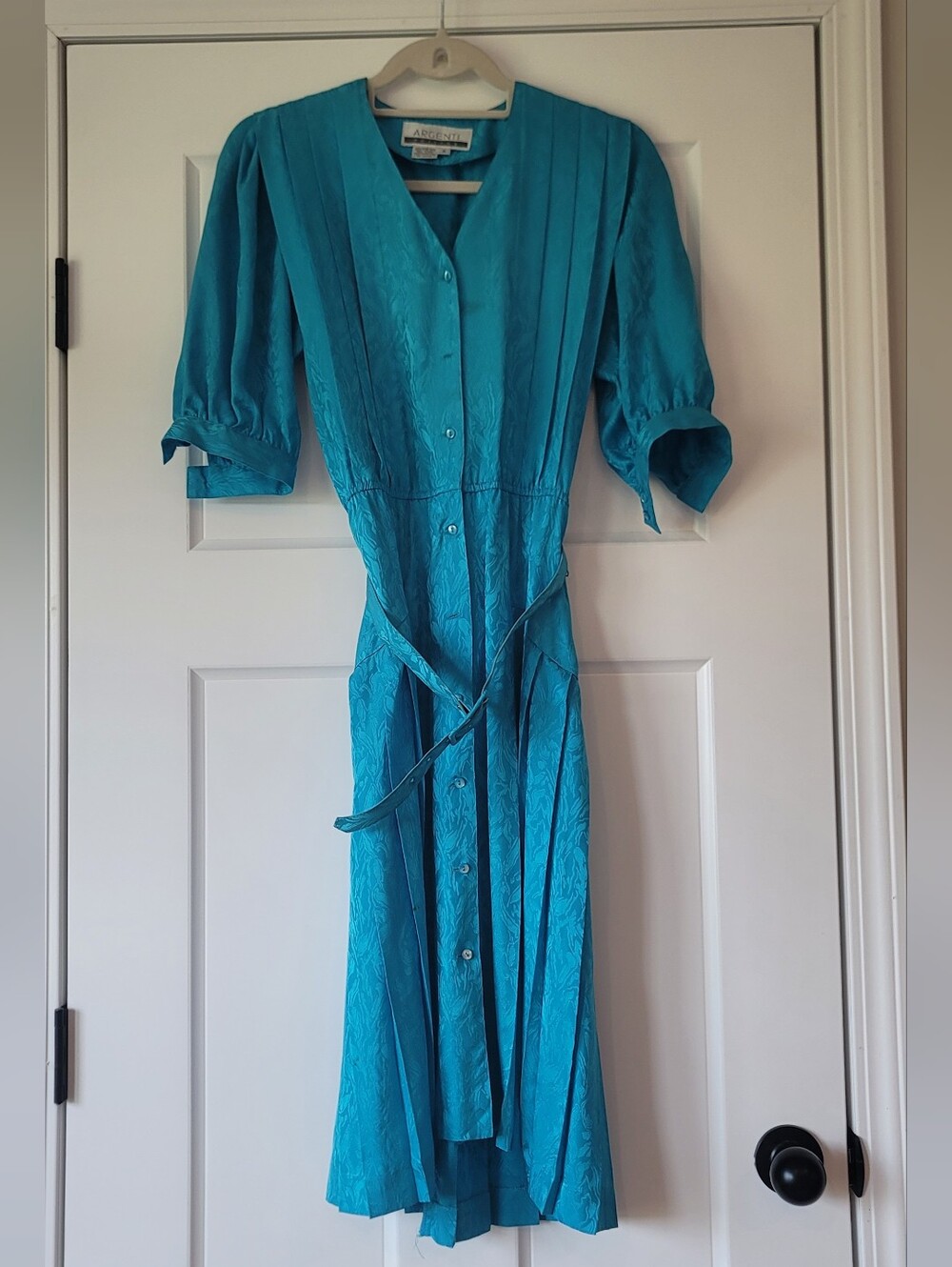 Vintage Argenti Petites Midi Dress with Button Front and Self Tie 100% Silk